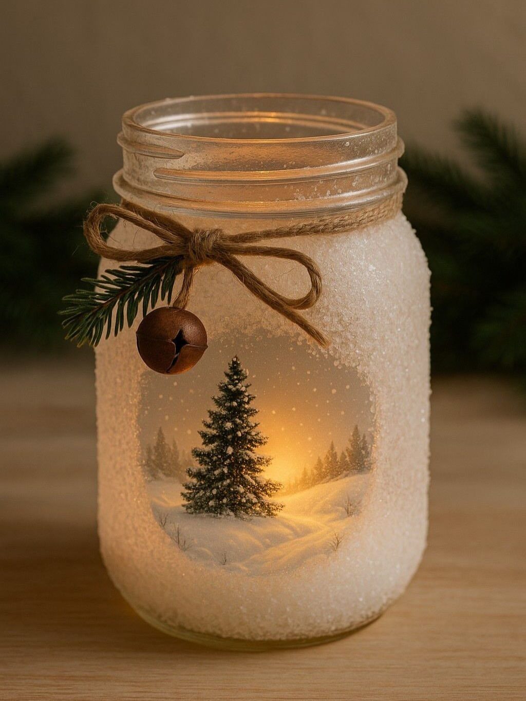 Mason jar snow globe with a miniature pine tree and twine bow.