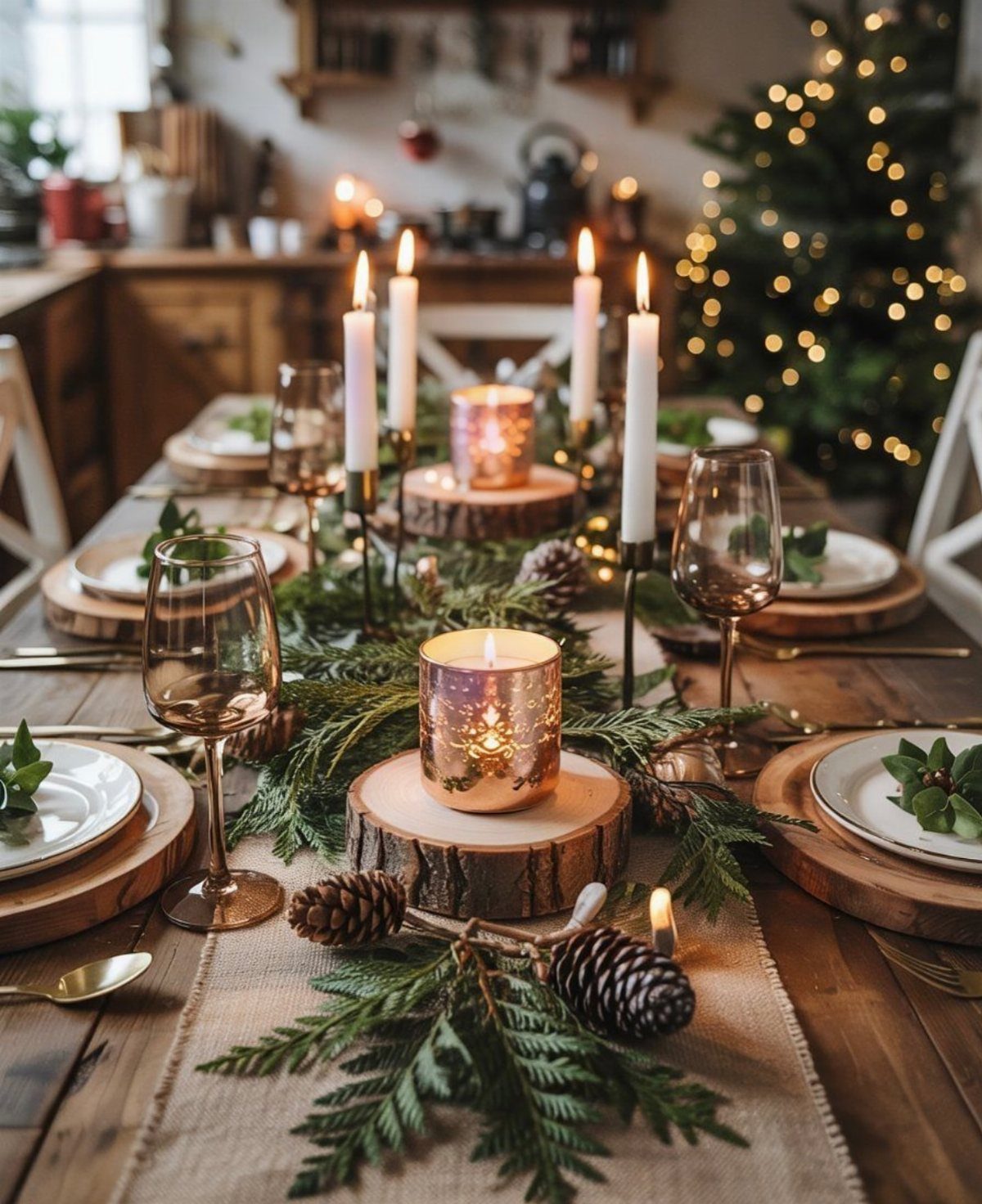 Festive wooden table set with wood slab chargers, evergreen branches, and lit candles.
