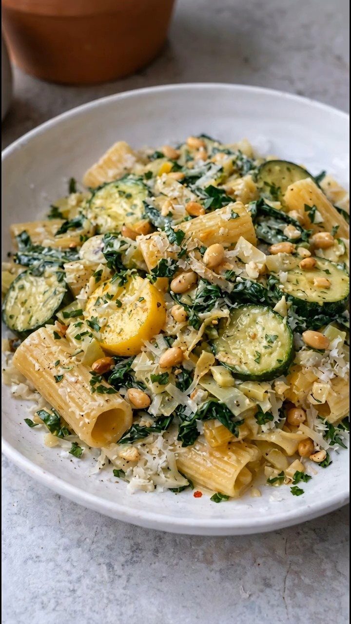 Rigatoni pasta with sliced summer squash, greens, pine nuts, and parmesan cheese.