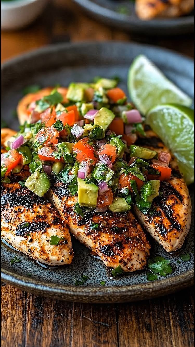 Grilled chicken breasts topped with fresh avocado tomato salsa and lime wedges.