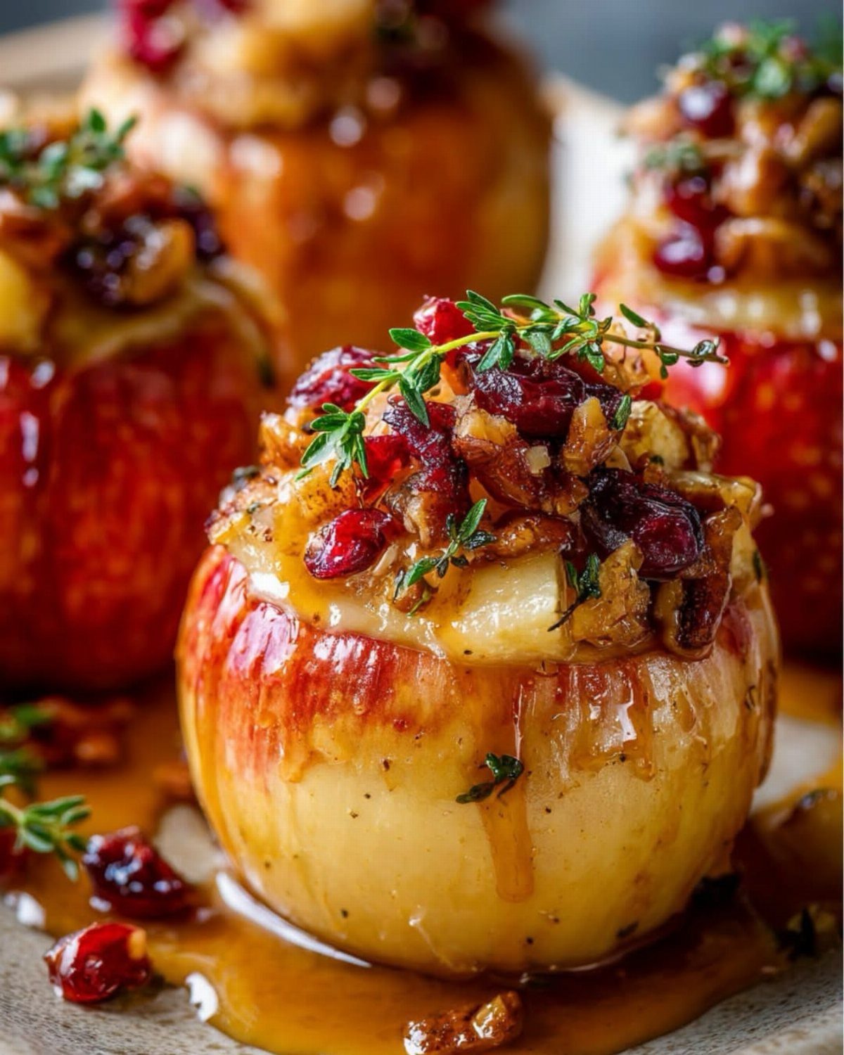Apple halves filled with melted brie, pecans, and cranberries drizzled with syrup.