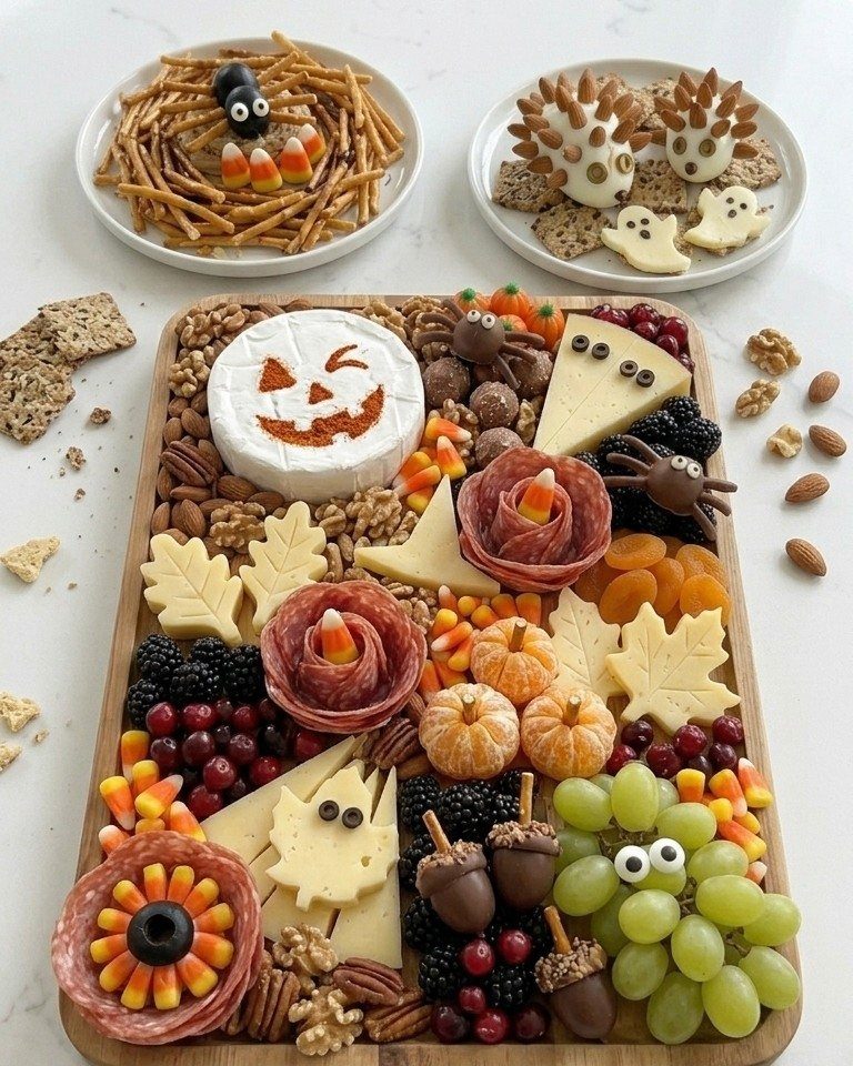 Fall charcuterie board with pumpkin cheese, leaf-shaped cheeses, salami roses, and autumn fruits.