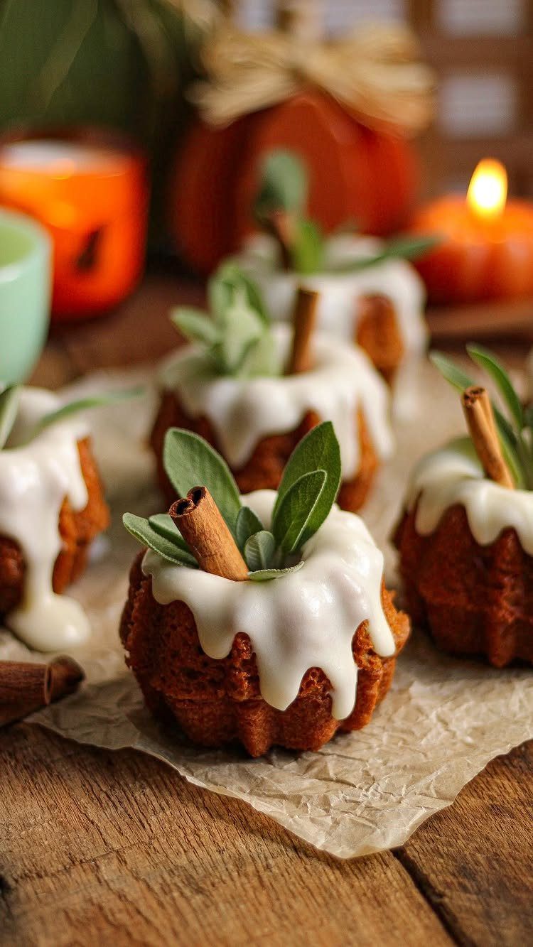 Mini bundt cakes with white icing, cinnamon sticks, and green leaves on parchment paper.
