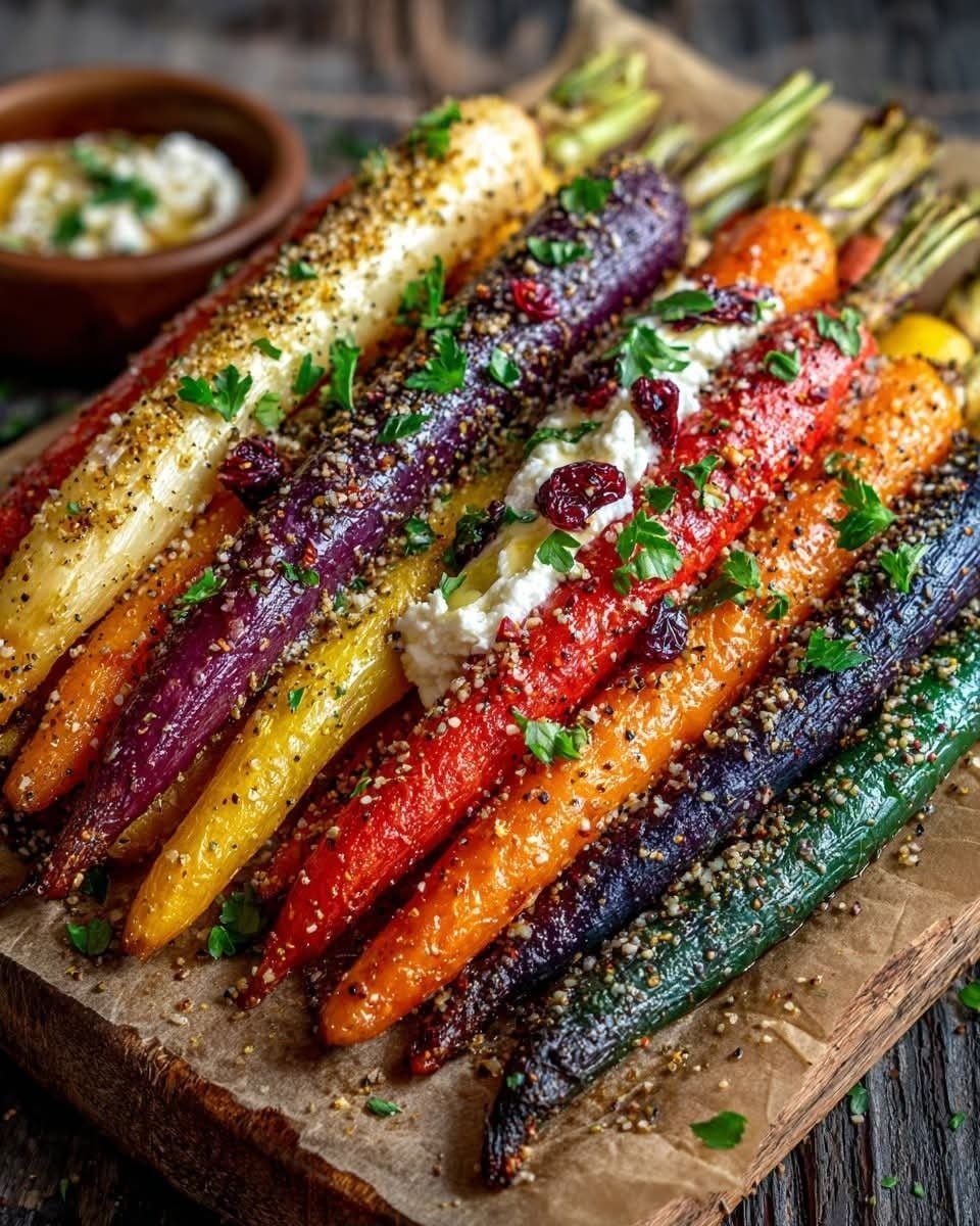 Roasted rainbow carrots seasoned with herbs on a wooden board with creamy sauce.