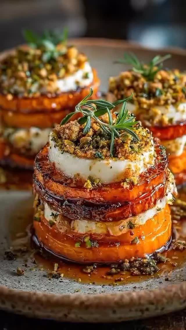 Stacked sweet potato rounds with cheese and herbs on a ceramic plate.