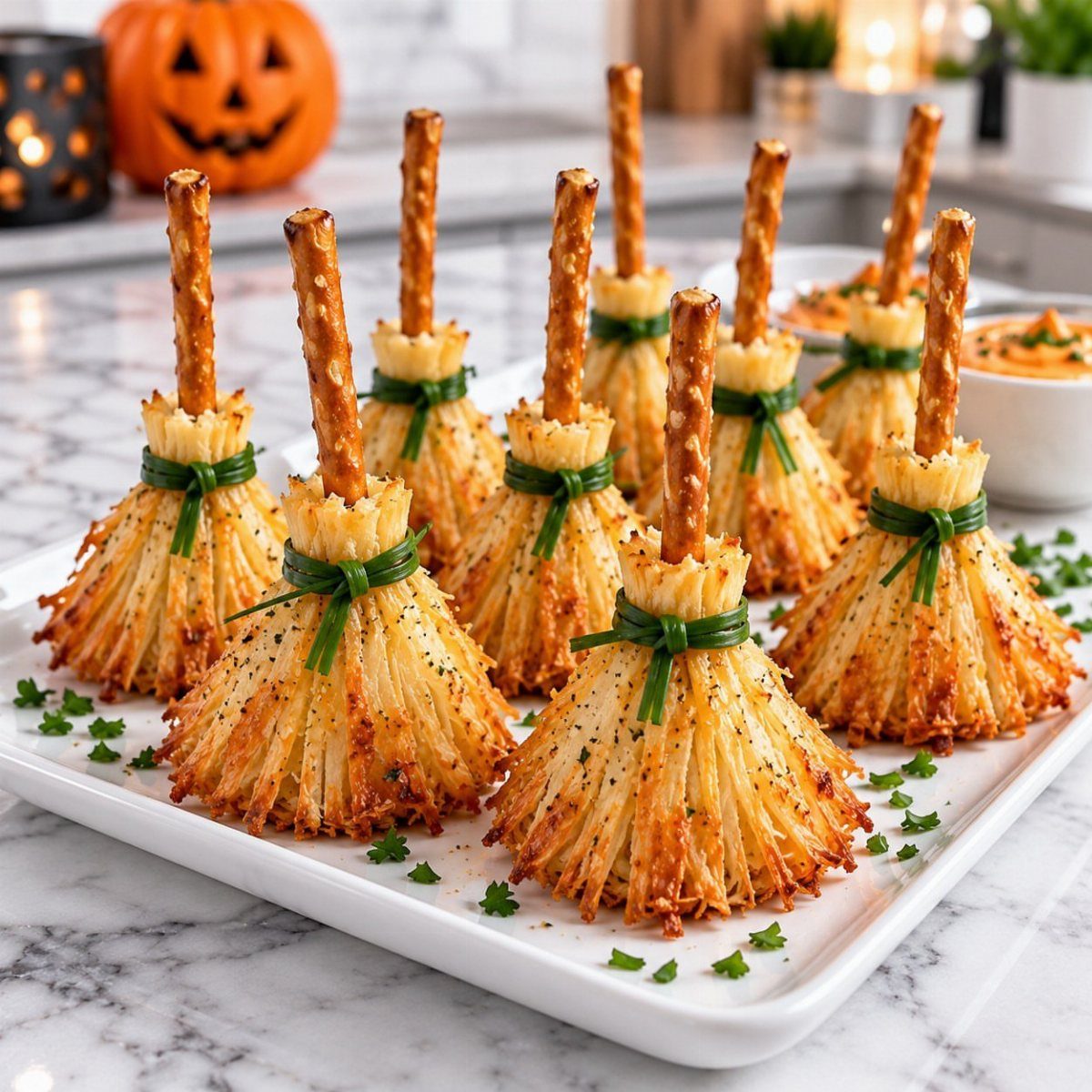 Witch broom appetizers made of potato nests and pretzel sticks on a platter.