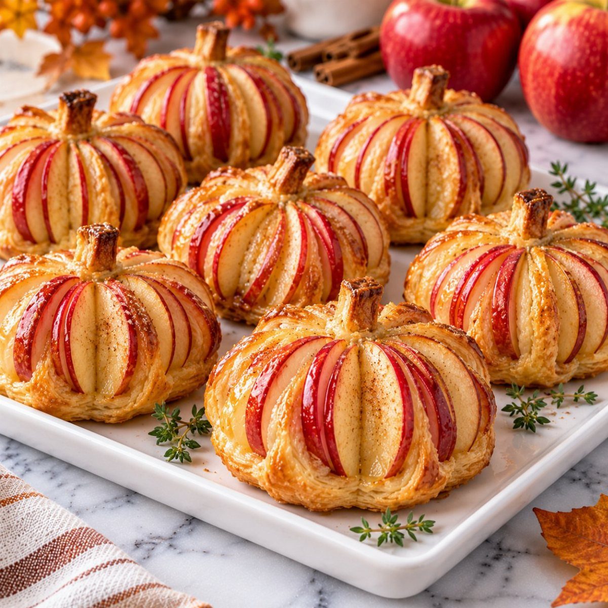 Pumpkin-shaped apple pastries on a white platter with red apples and autumn leaves.