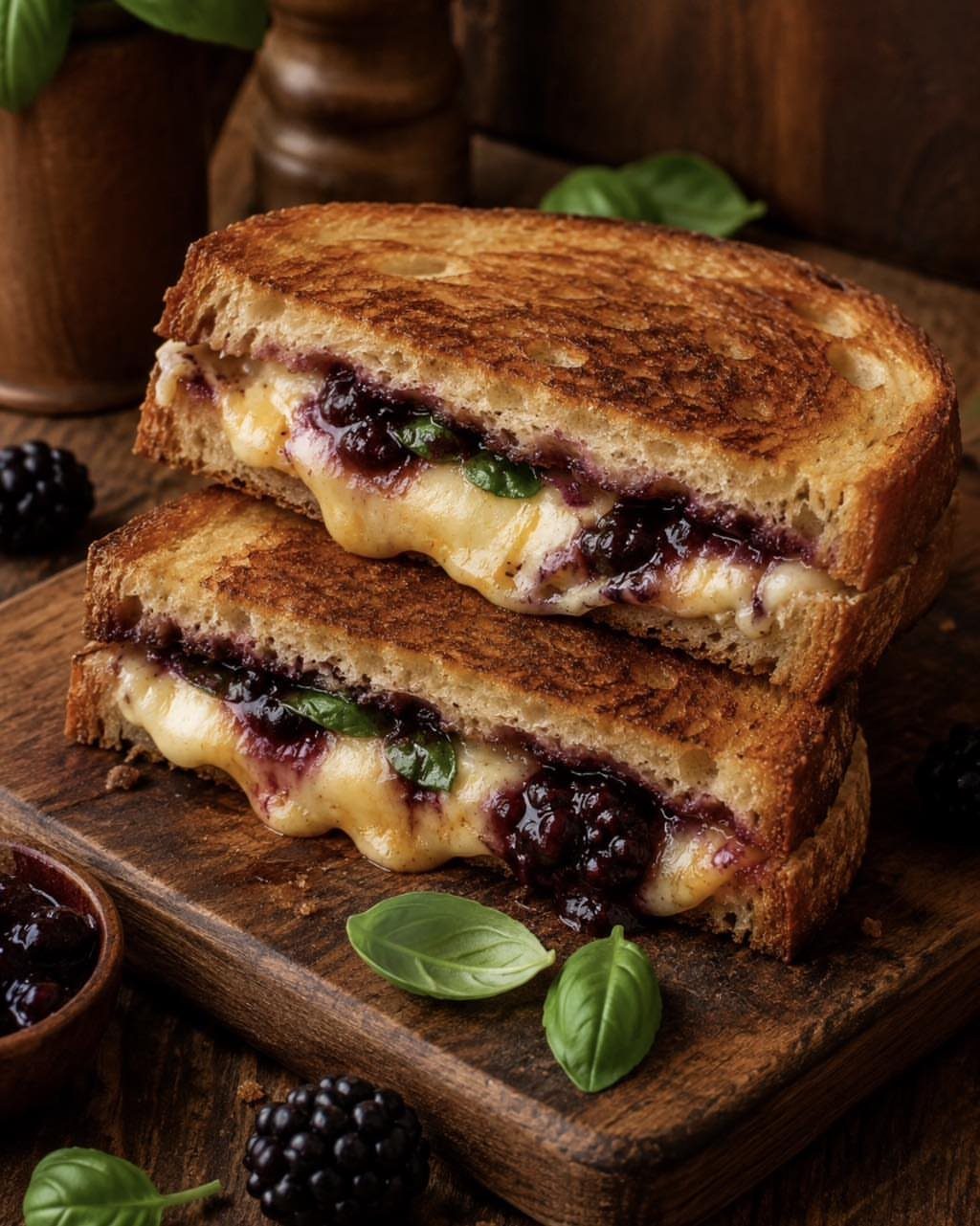 Toasted grilled cheese sandwich with melted cheese, berry jam, and fresh basil leaves.