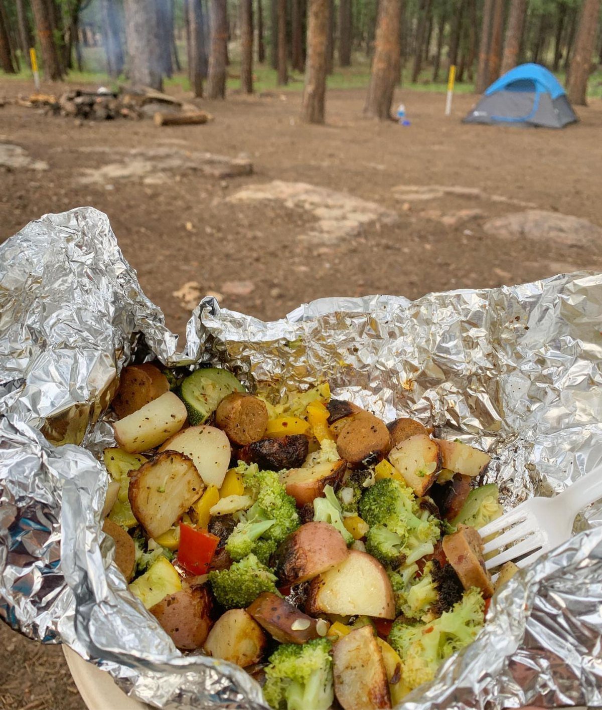 Roasted vegetables and sausage in aluminum foil at a wooded campsite.