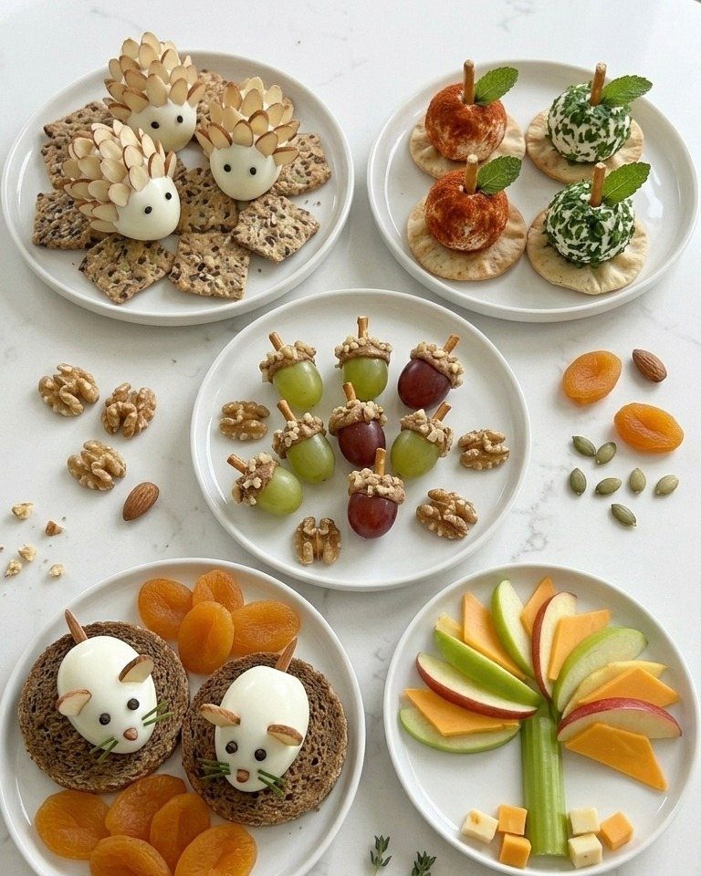 Plates of creative fall snacks shaped like hedgehogs, acorns, mice, and a tree.