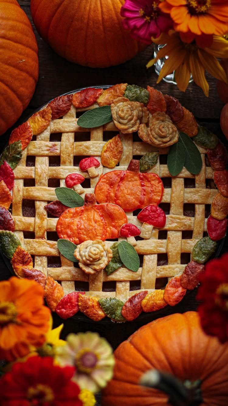 Lattice-top pumpkin pie decorated with pastry leaves and roses surrounded by pumpkins and flowers.