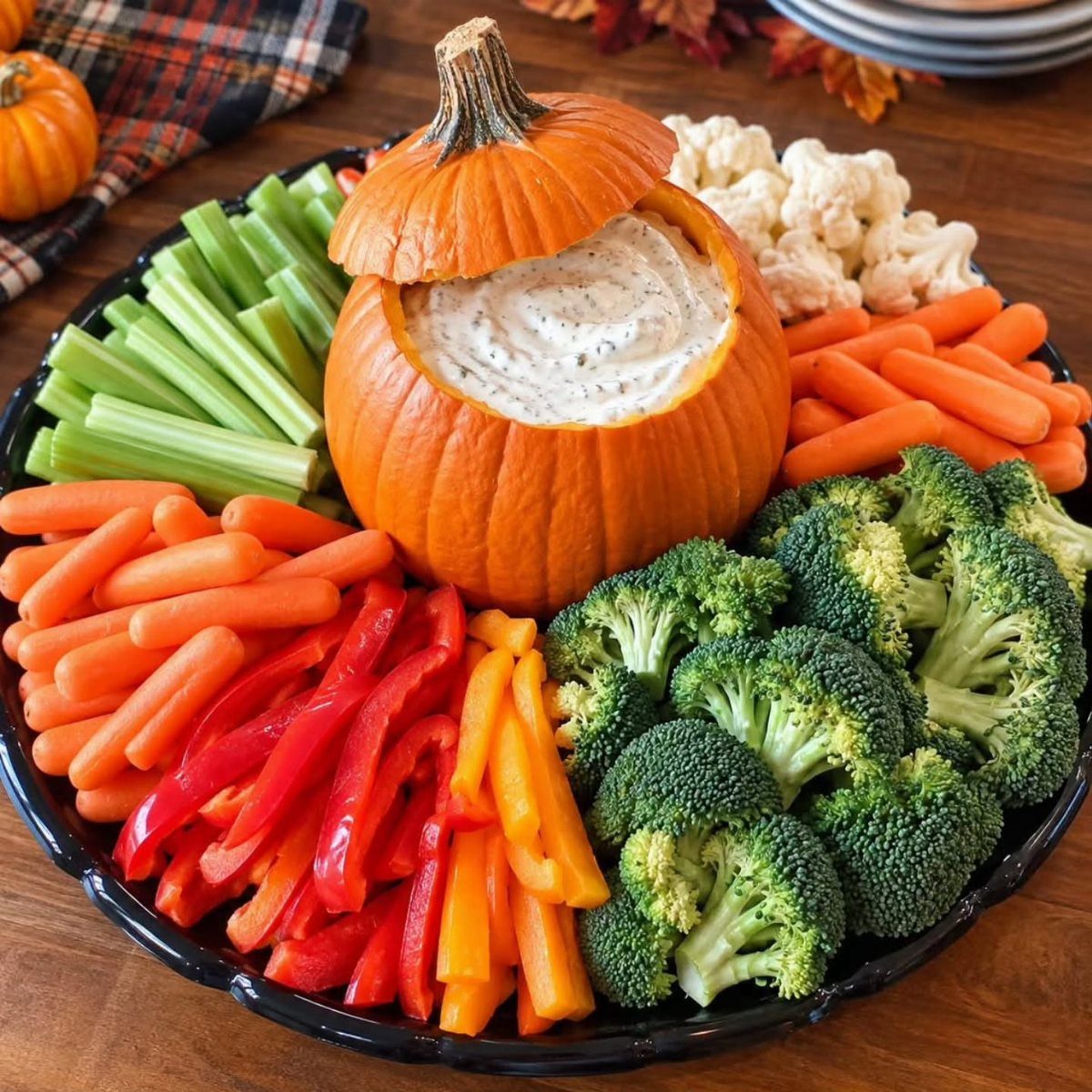 Vegetable crudités platter with dip inside a small pumpkin, surrounded by fresh sliced vegetables.