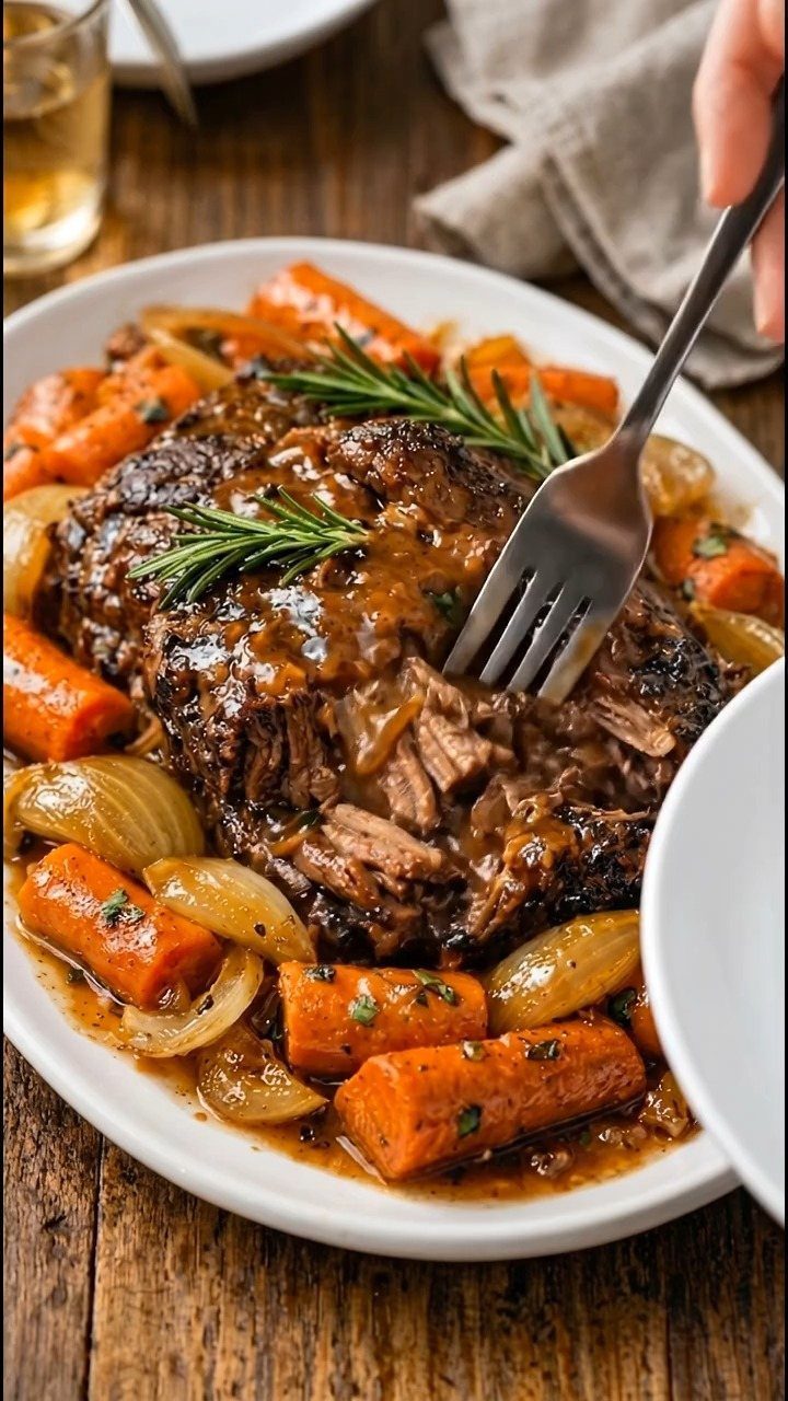 Pot roast with gravy, carrots, and onions on a white platter with rosemary garnish