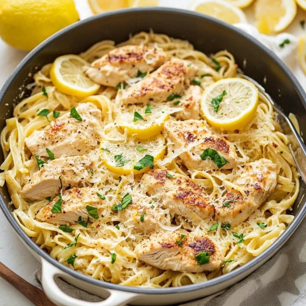 Creamy pasta with seared chicken, lemon slices, and parsley in a black skillet.