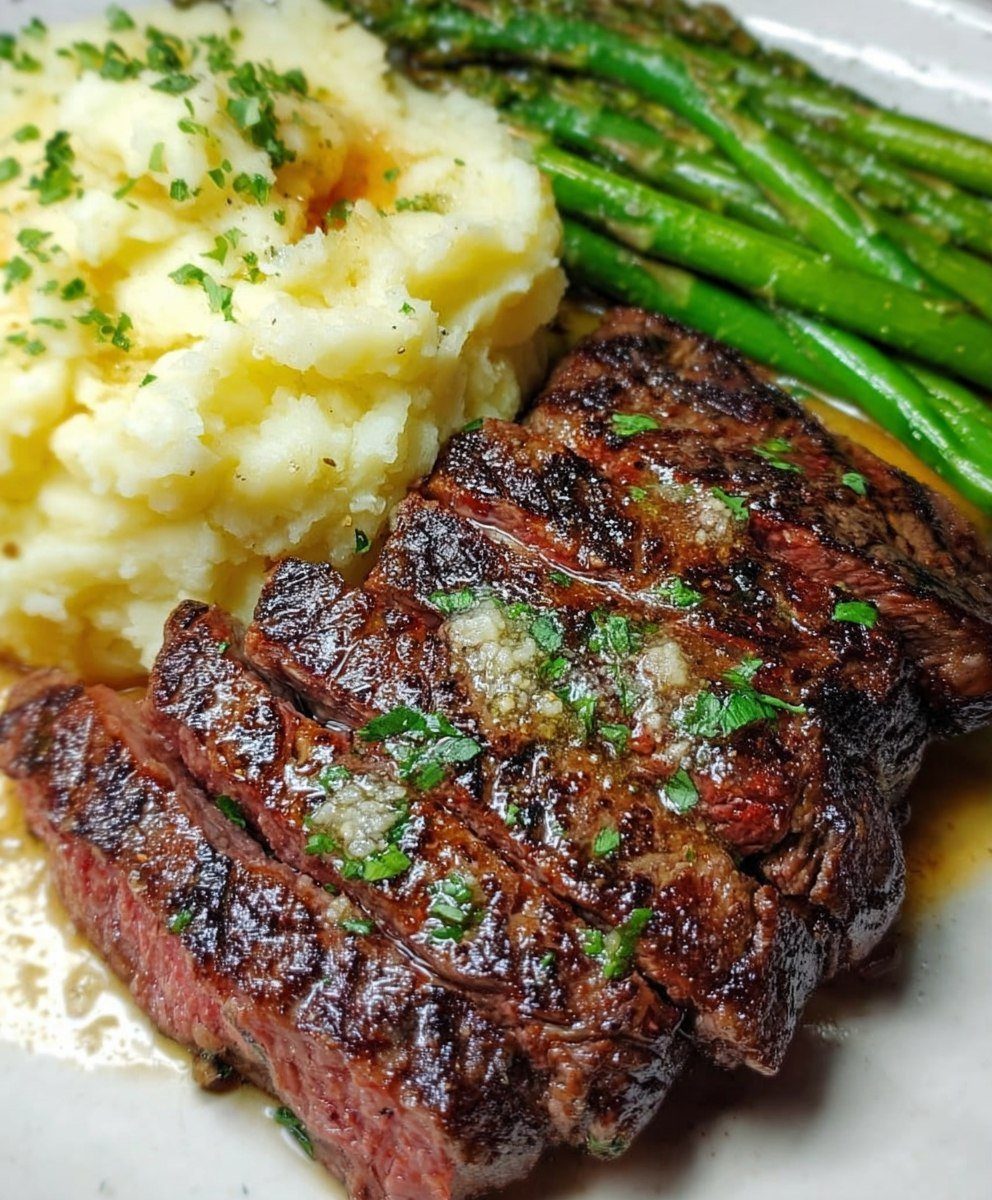 Grilled sliced steak with garlic butter, mashed potatoes, and green asparagus on a plate