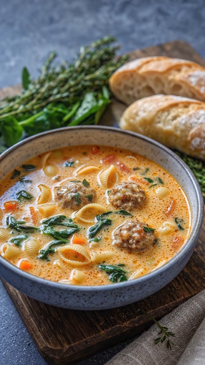 Creamy meatball and shell pasta soup with spinach and carrots in a bowl.