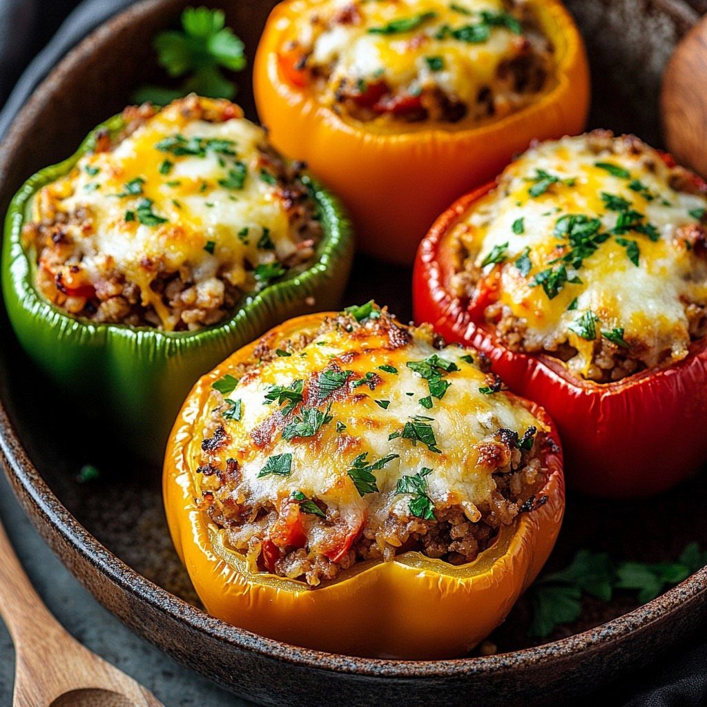 Stuffed bell peppers with meat and melted cheese in a cast iron skillet