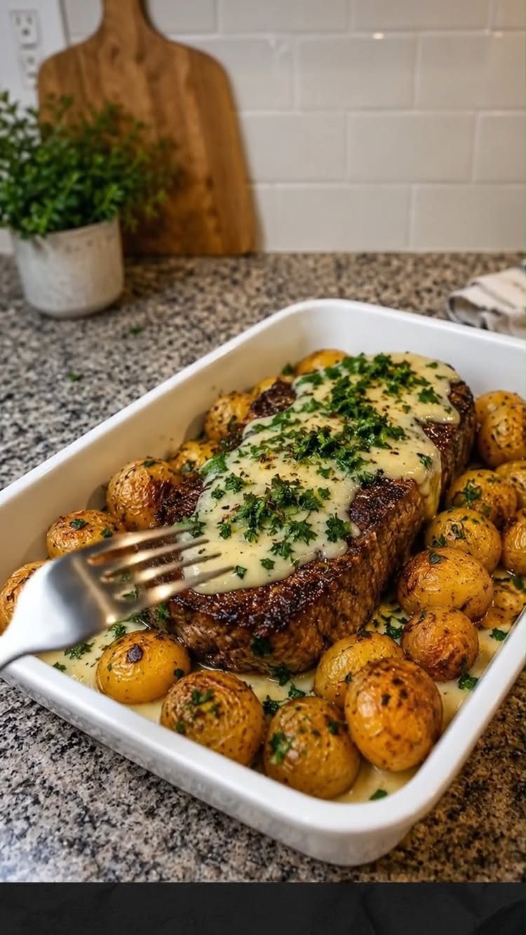 Seared steak with garlic butter sauce and roasted potatoes in a white dish.