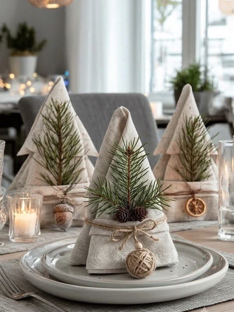 Beige linen napkins folded like Christmas trees with evergreen sprigs on white plates.
