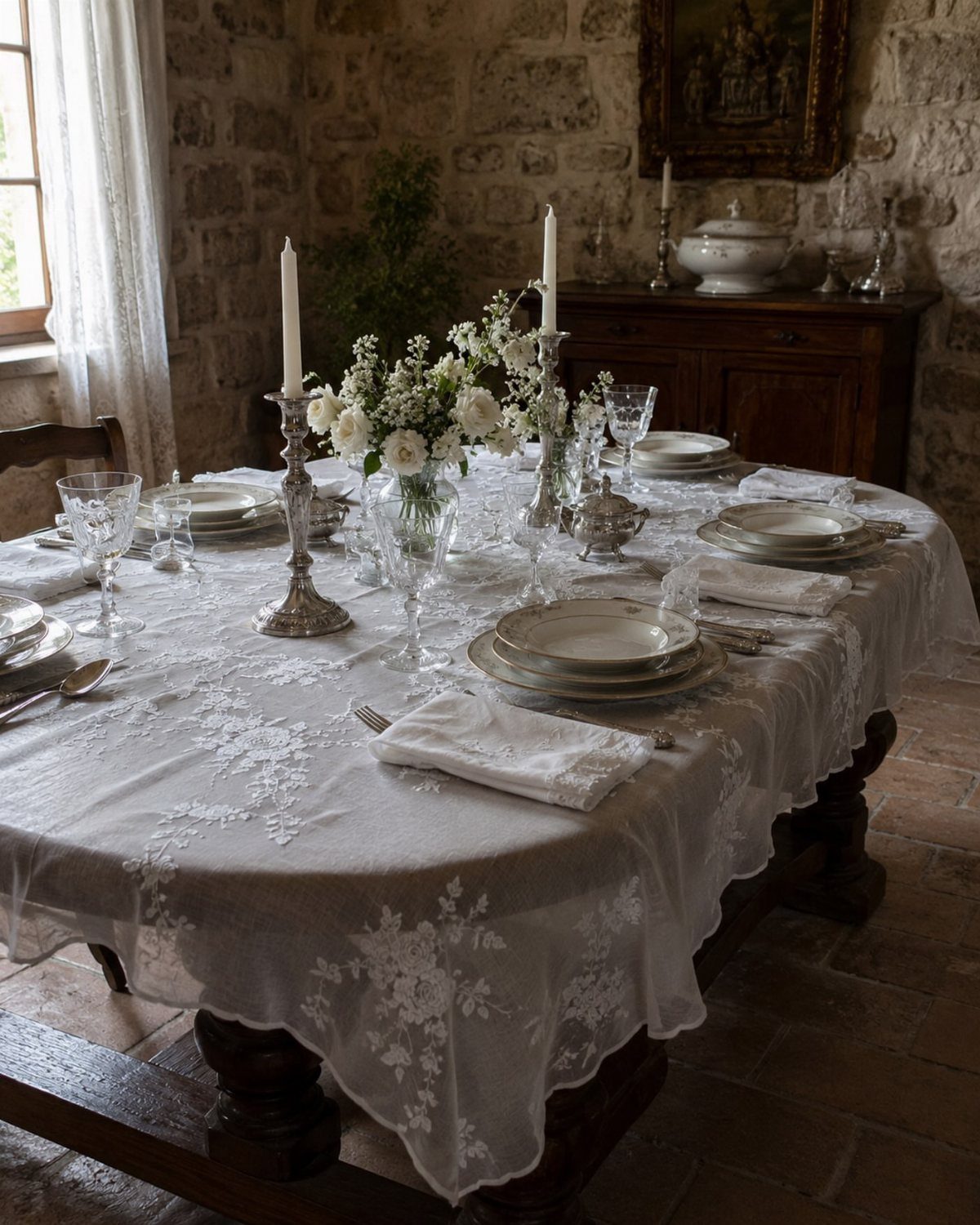 White lace tablecloth on a wooden table with elegant plates, candles, and flowers.