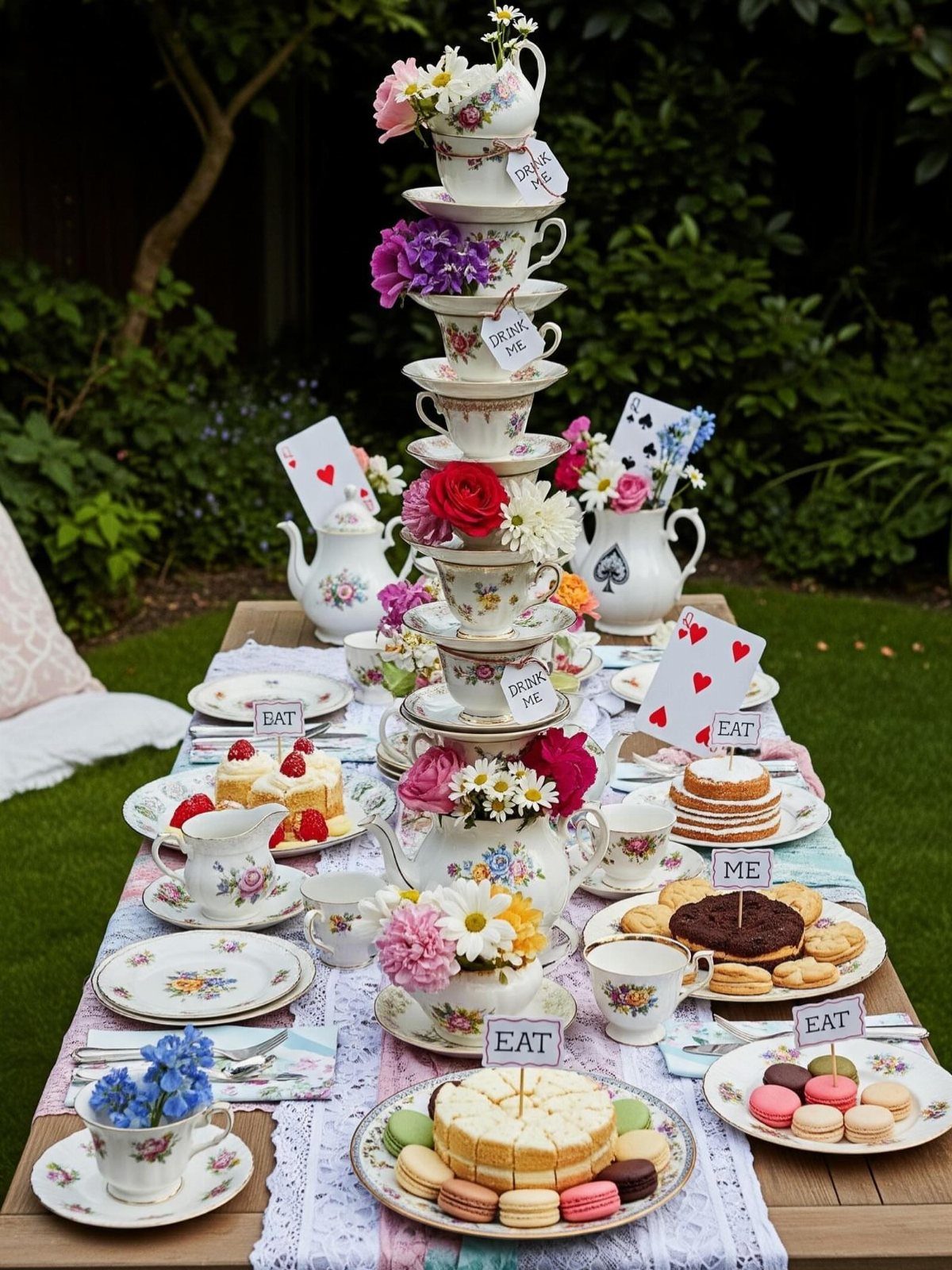 Whimsical tea party table with stacked teacups, colorful cakes, and bright floral arrangements.