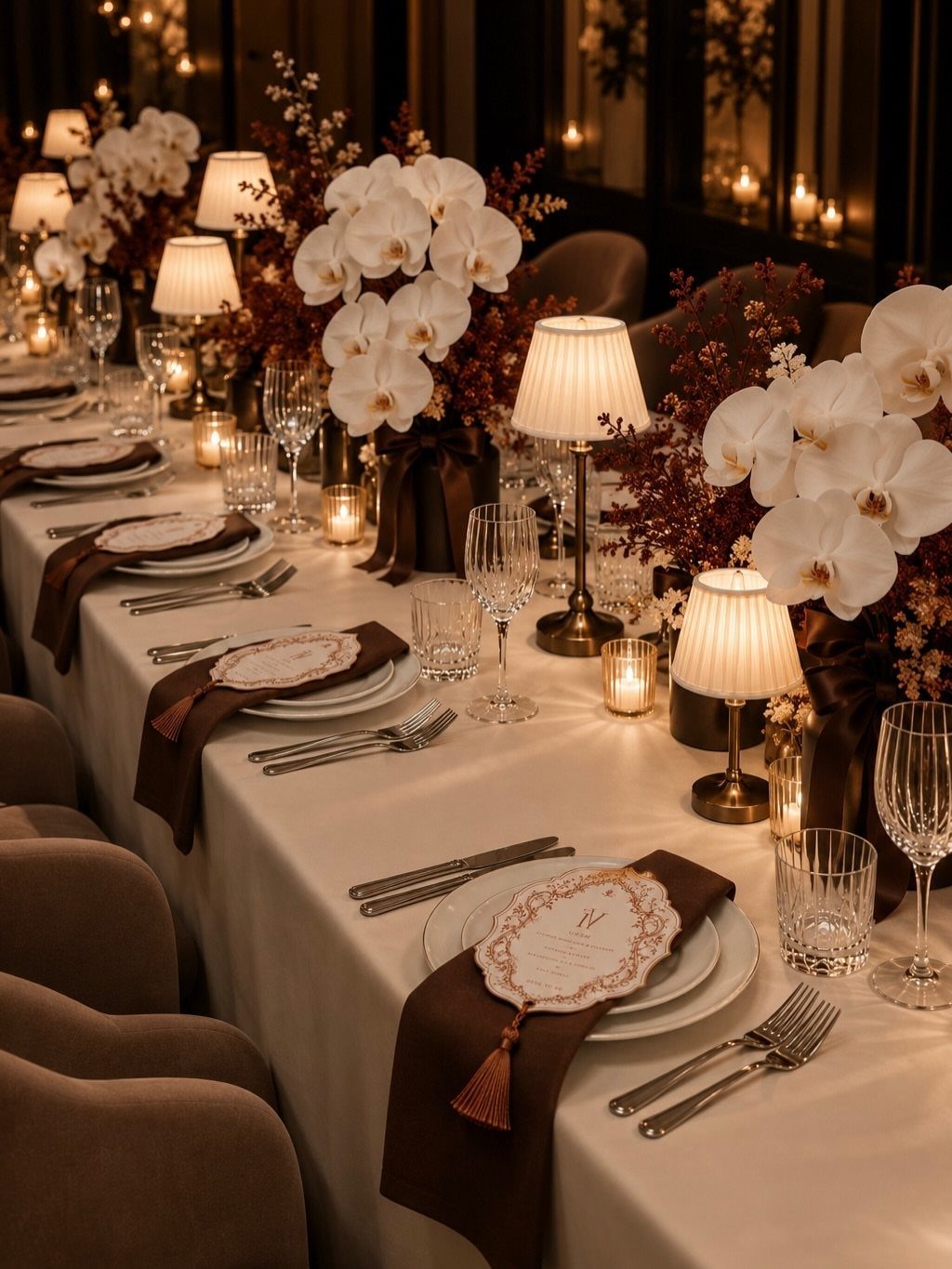 Elegant dining table with white orchid centerpieces, small lamps, and formal place settings.