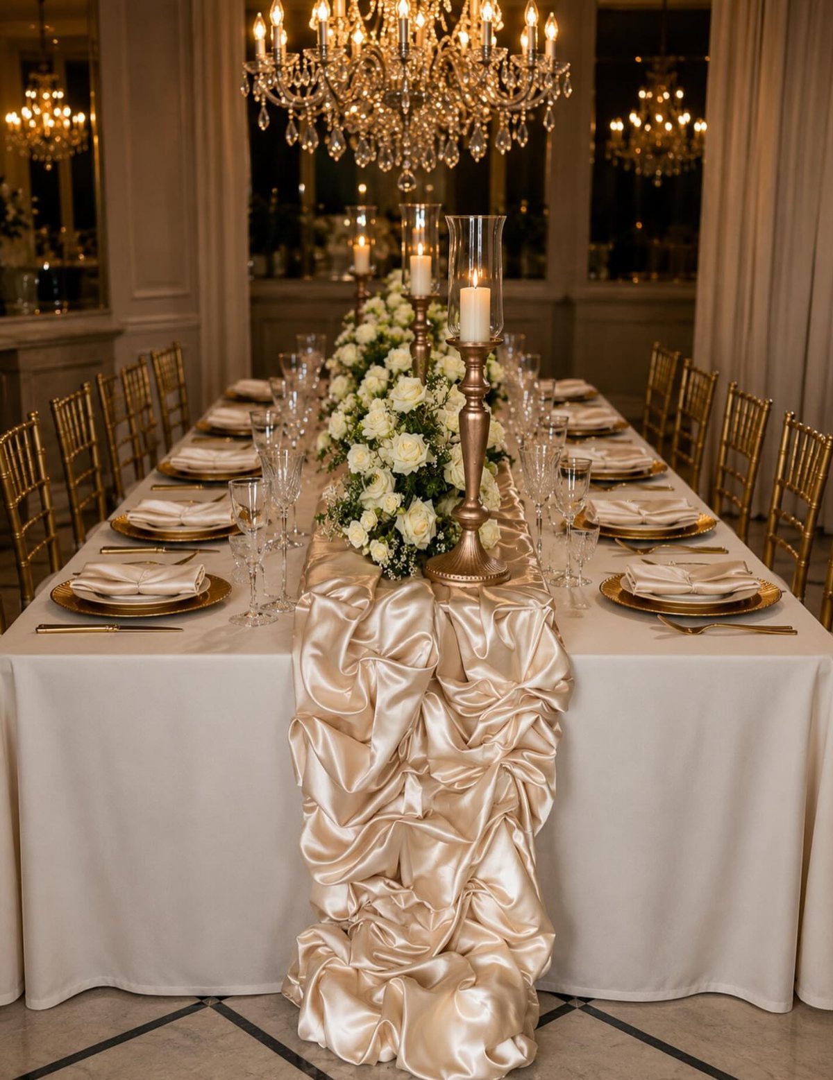 Long dining table with white tablecloth and draped champagne satin runner and florals
