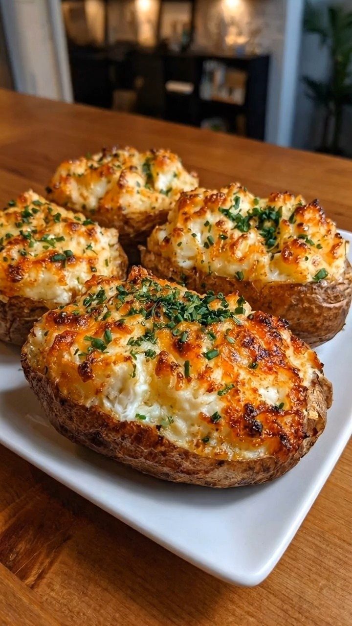 Loaded potato skins with melted cheese and chives on a white plate.