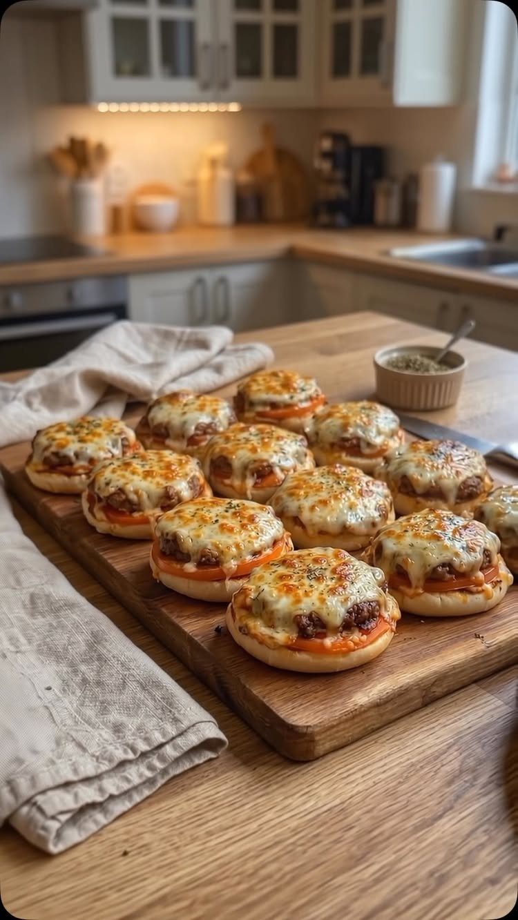 Cheesy meatball sliders on a wooden serving board in a bright kitchen setting.
