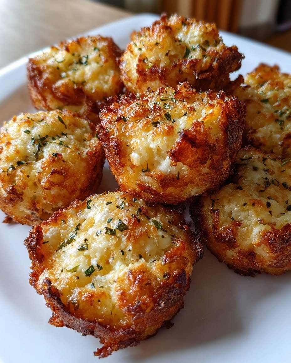 Golden-brown garlic cheese balls with green herbs on a white plate.