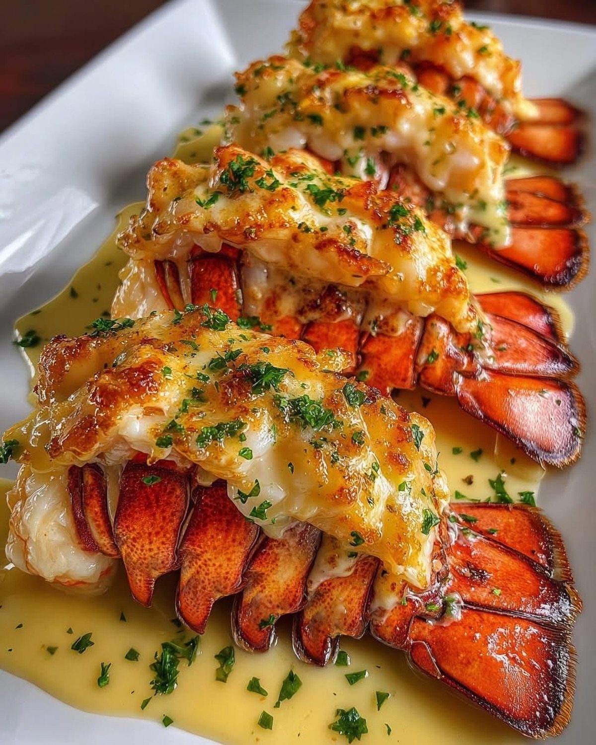 Baked lobster tails topped with melted garlic butter and parsley on a white platter