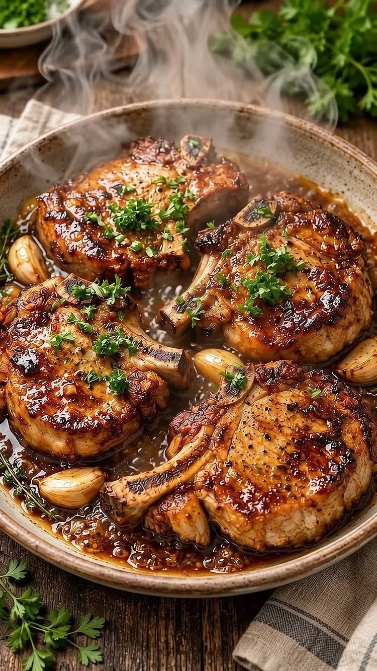 Glazed pork chops with garlic and parsley in a ceramic dish on wood.