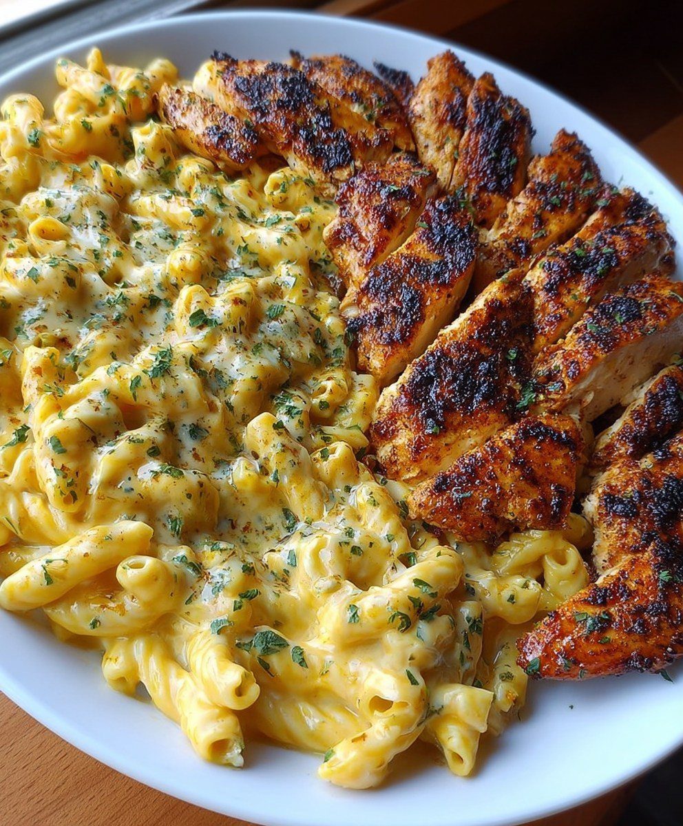 Grilled seasoned chicken breast slices served with creamy macaroni and cheese on a plate.