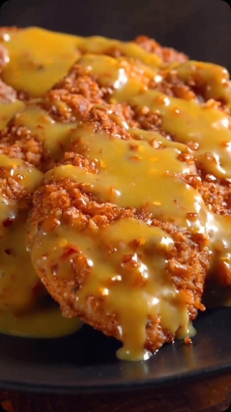 Fried chicken pieces coated in a glossy yellow honey glaze on a dark plate.