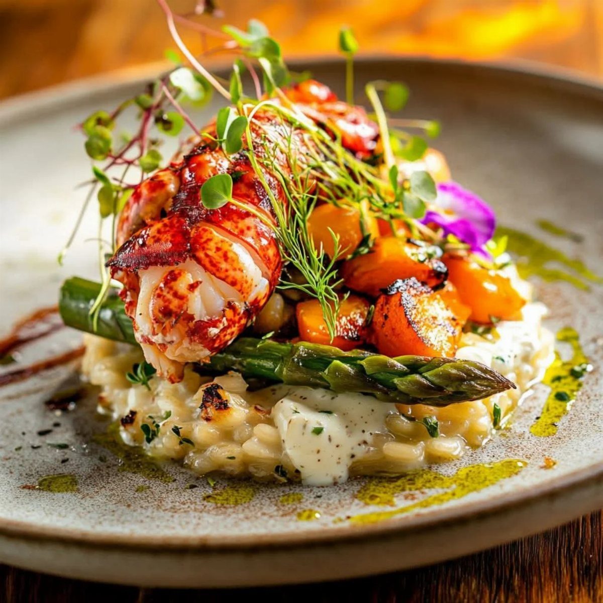Lobster tail on creamy risotto with roasted carrots, asparagus, and fresh microgreens.