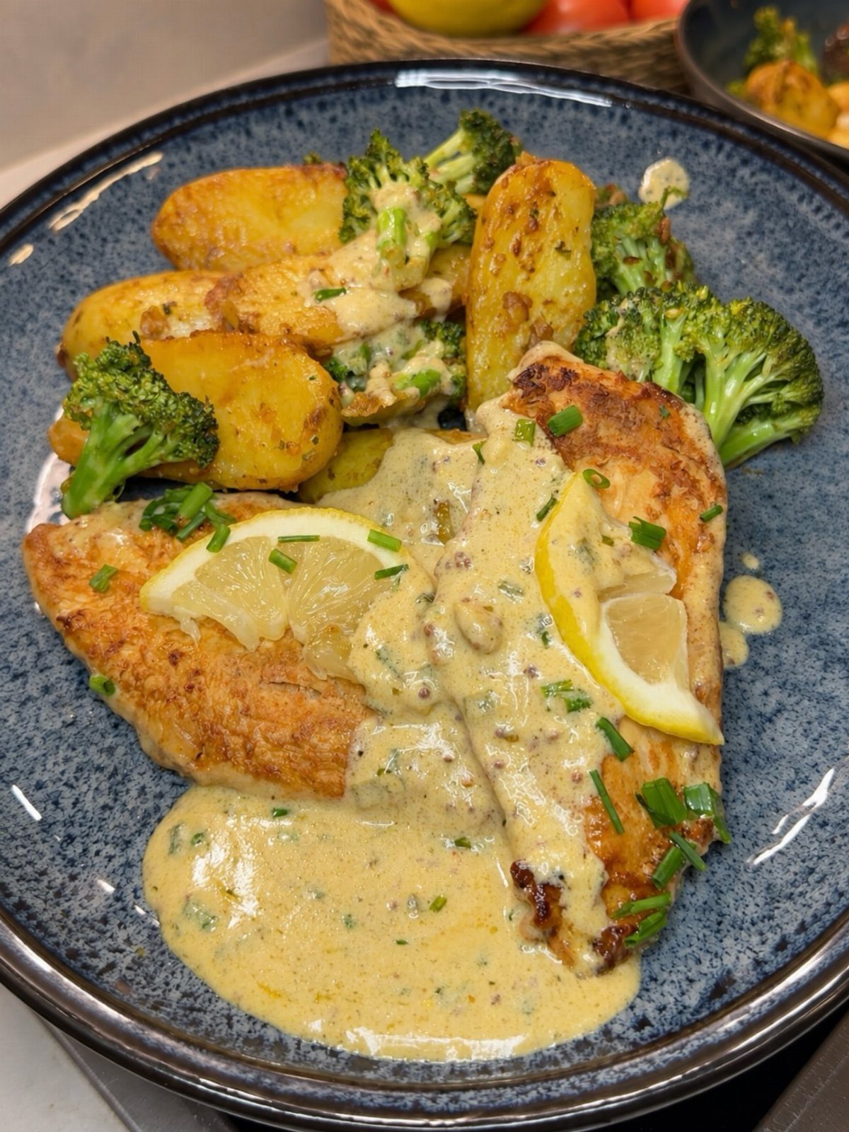 Seared fish fillets with creamy sauce, roasted potatoes, and broccoli on a blue plate.