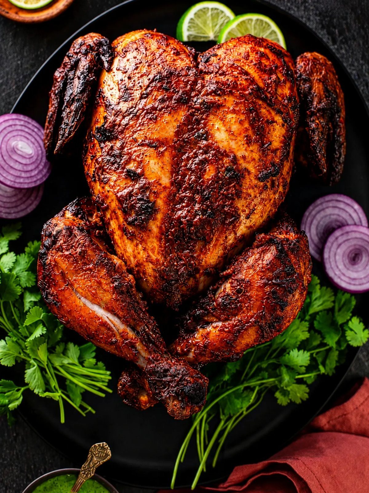 Whole roasted chicken with reddish seasoning, garnished with cilantro, red onion, and lime.