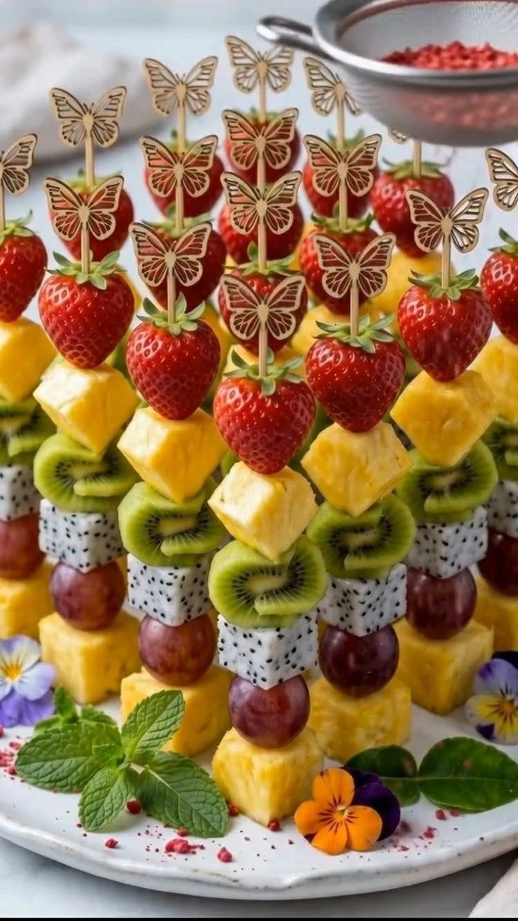 Fruit skewers with strawberries, pineapple, and kiwi topped with butterfly picks on a platter