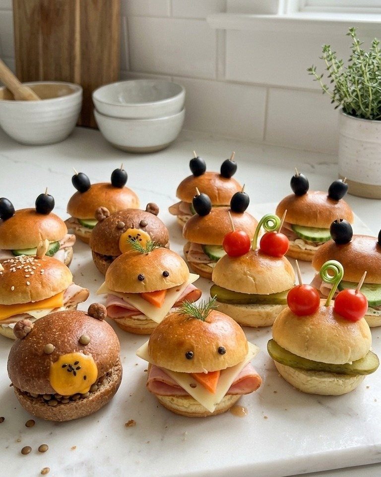 Mini sliders decorated as cute animals with olives and tomatoes on marble surface