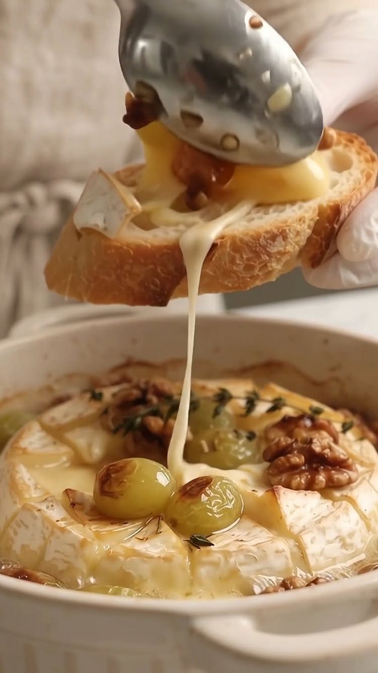 Melted brie cheese with grapes and walnuts, served with a toasted baguette slice.