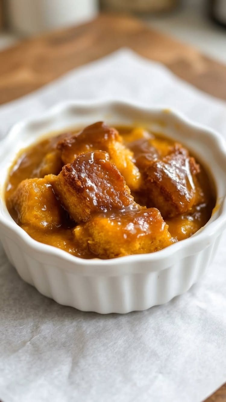 Pumpkin bread pudding in a white ramekin on white parchment paper.