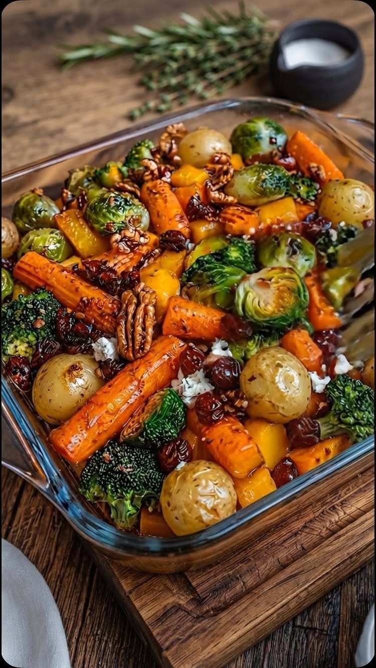 Roasted Brussels sprouts, carrots, and broccoli in a glass baking dish on wood.