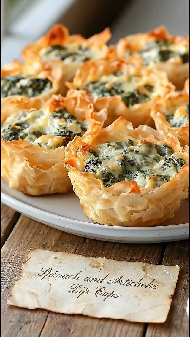 Spinach and artichoke dip served in golden phyllo pastry cups on a white plate.