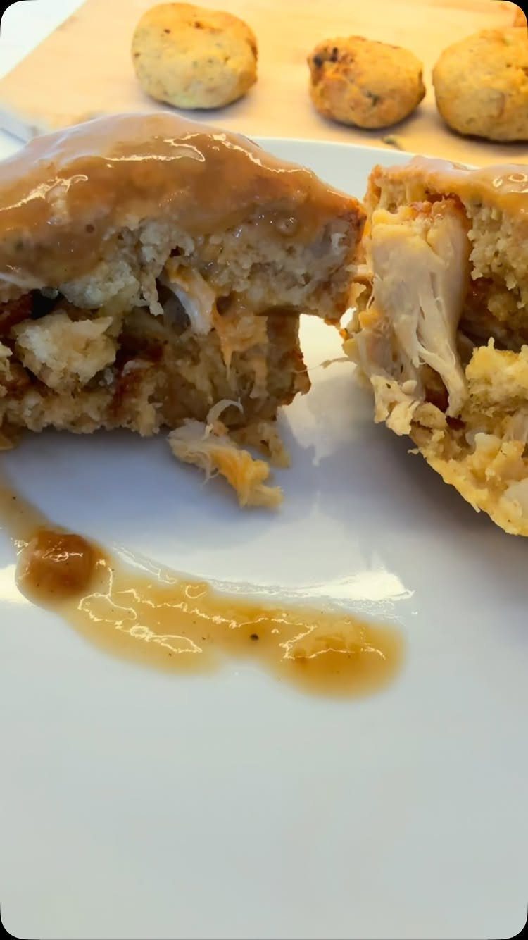 Stuffed bread rolls filled with turkey and stuffing topped with brown gravy