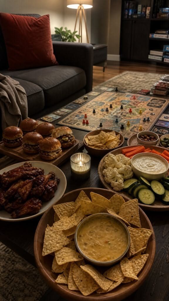 Party food spread with sliders and wings next to a board game setup.