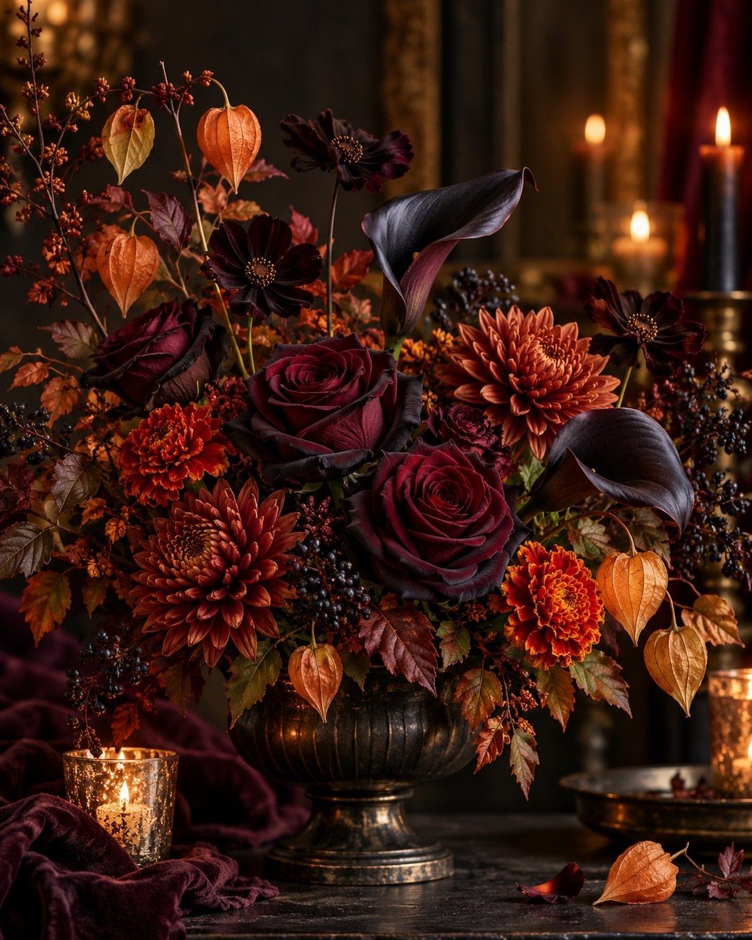 Dark floral arrangement with black roses and orange accents in a metallic urn.