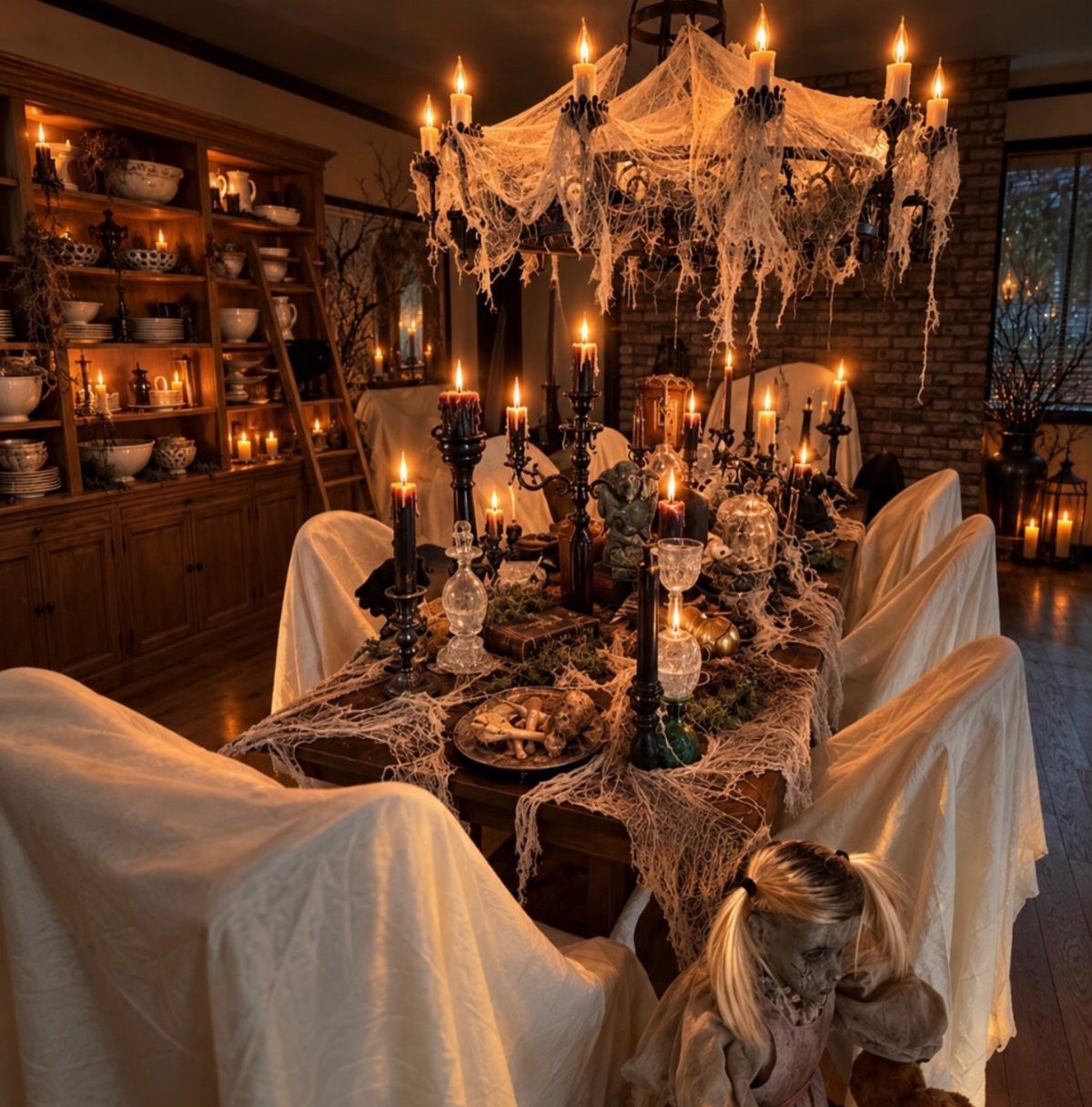 Halloween dining table with black candles, cobwebs, and a spooky draped chandelier.