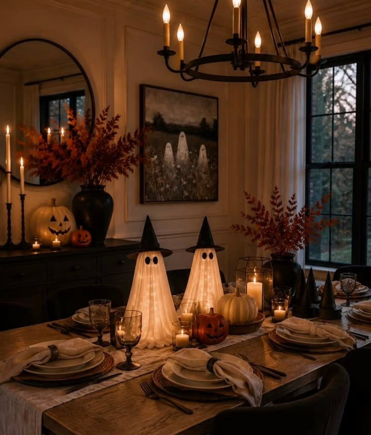 Halloween dining table with ghost lamps, pumpkins, and orange floral arrangements in black vases.