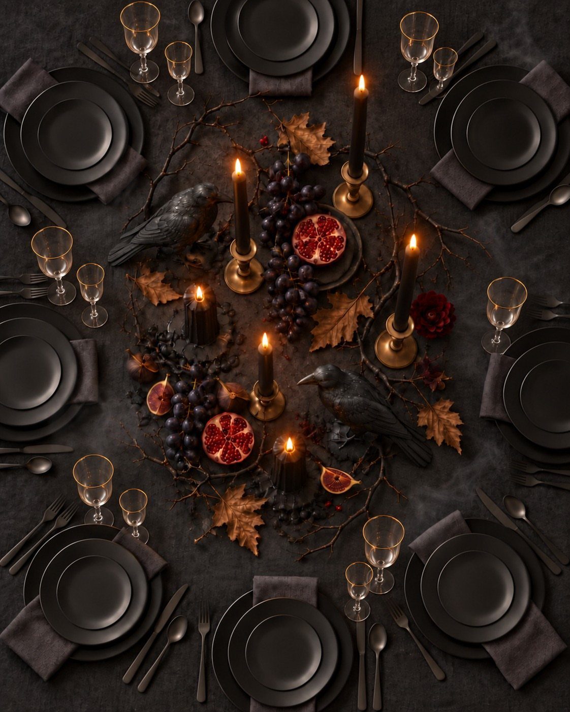 Dark Halloween table setting with black plates, cutlery, and a gothic fruit centerpiece.