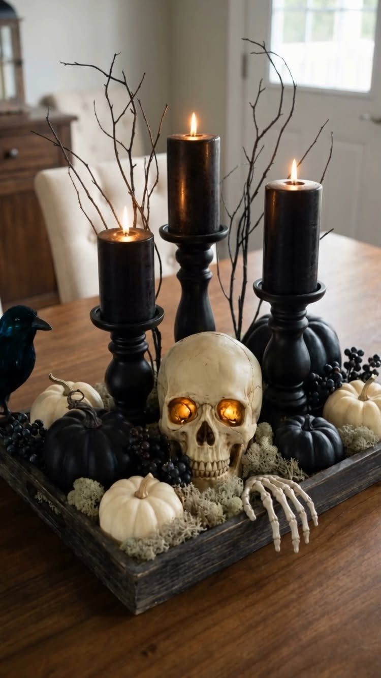 Skull centerpiece with black candles, pumpkins, and a skeleton hand in a wooden tray.